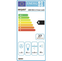 Étiquette énergétique pour Exquisit UBH 08-2.2 Inox Look avec classe d’efficacité énergétique B, consommation énergétique annuelle de 27 kilowattheures et émission sonore de 65 décibels.