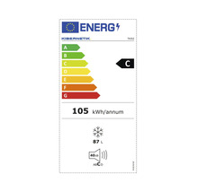 Étiquette énergétique Kibernetik avec classe d''efficacité énergétique C, consommation d''énergie annuelle de 105 kilowattheures et volume de 87 litres.