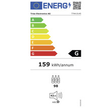 Energielabel mit der Energieeffizienzklasse G, einem jährlichen Energieverbrauch von 159 Kilowattstunden, einer Lagerkapazität von 98 Flaschen und einem Geräuschpegel von 42 Dezibel
