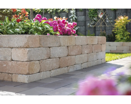 Jardin avec un mur en blocs de pierre et des plantations