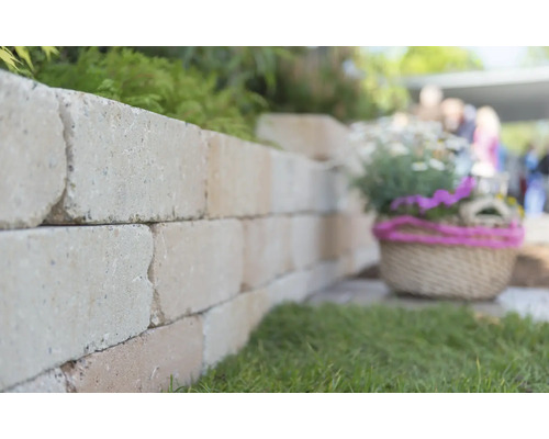 Mur en pierres de parement dans le jardin avec décoration.