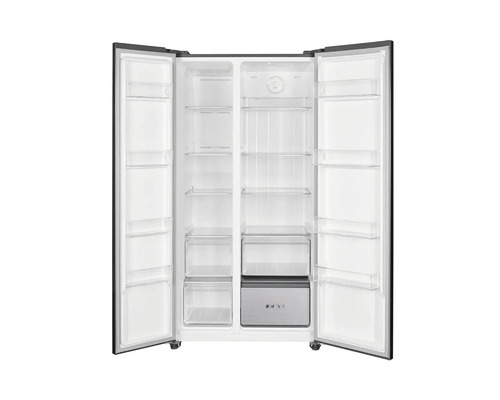 Geöffneter Side-by-Side Kühlschrank mit Regalen und Schubladen