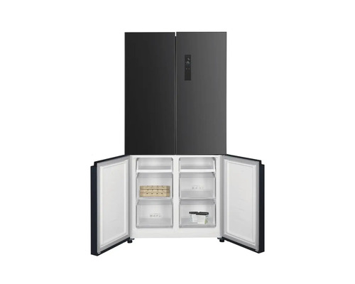 Schwarzer Side-by-Side Kühlschrank mit geöffneten Gefrierfachtüren