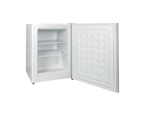 Mini-réfrigérateur blanc avec porte ouverte et deux étagères