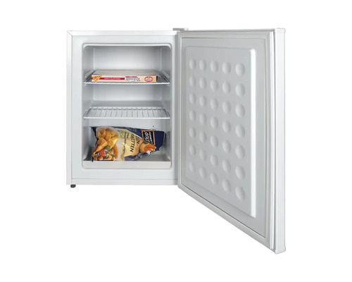 Petit congélateur blanc avec porte ouverte, rempli d''aliments.