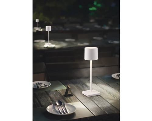 Scène avec une table avec de la vaisselle et une petite lampe de table comme éclairage.