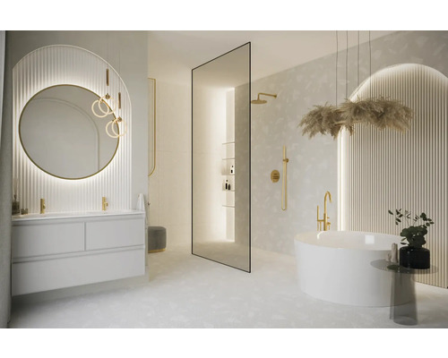 Salle de bains lumineuse avec meuble-lavabo, miroir, douche et baignoire au design moderne