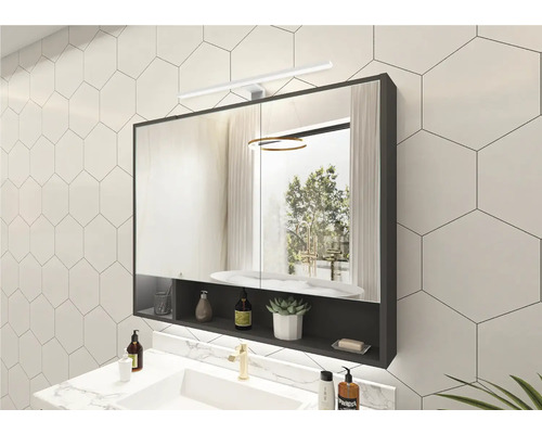 Salle de bains avec armoire de toilette à miroir, vasque à poser et éclairage