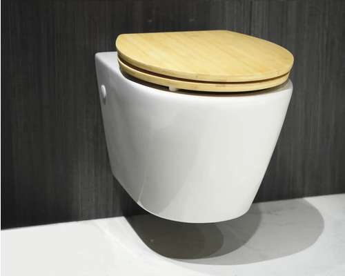 WC à fond creux suspendu avec abattant en bambou