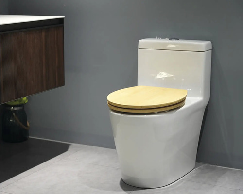 WC sur pied blanc avec couvercle en bois clair dans la salle de bain