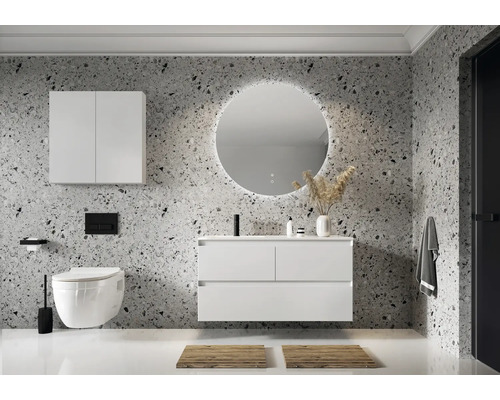 Salle de bains moderne avec meuble-lavabo, armoire de toilette, miroir rond avec éclairage et WC suspendu