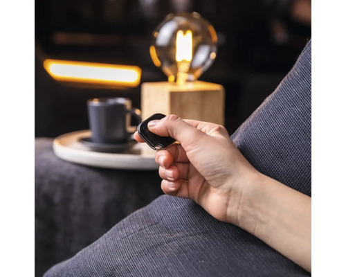 Une personne utilise une télécommande dans un salon avec une lampe et une tasse.