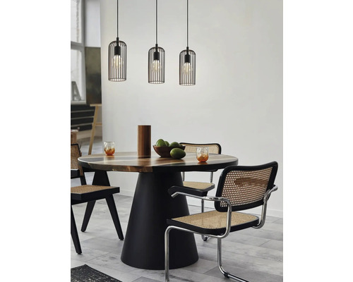 Esszimmer mit Holztisch, Stühlen mit Rohrgeflecht und drei Pendelleuchten mit Käfigdesign