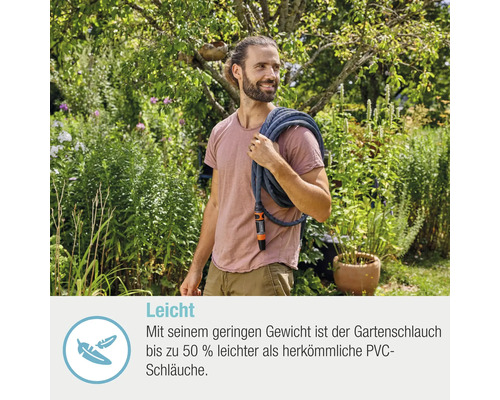 Homme avec un tuyau d''arrosage dans le jardin