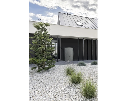 Garten mit Haus, Zierkies, Ziergräsern und Regentonne