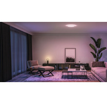 Wohnzimmer mit Sofa, Sessel, Couchtisch und Deckenleuchte