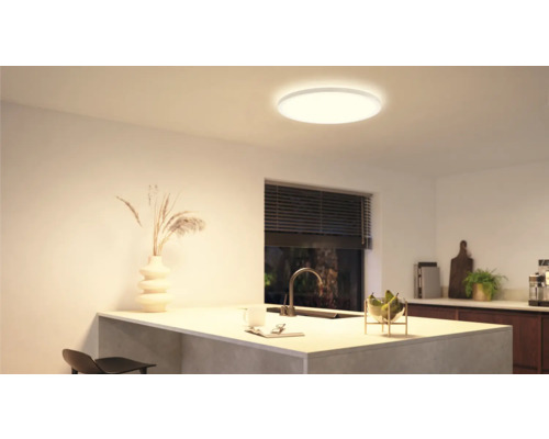 Cuisine lumineuse avec plafonnier moderne, évier et décoration