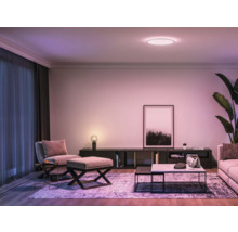 Salon lumineux avec plafonnier, canapé, fauteuil et table basse