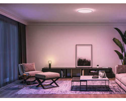 Salon lumineux avec plafonnier, canapé, fauteuil et table basse