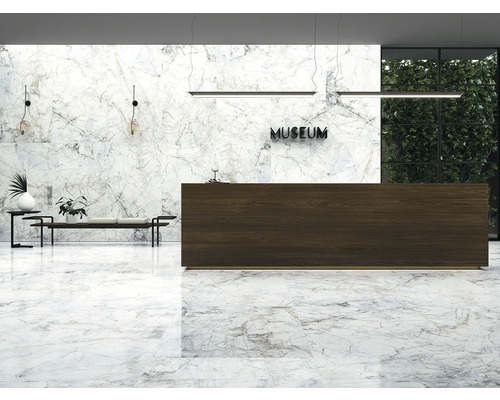 Intérieur avec sol en marbre, mur en marbre et une réception