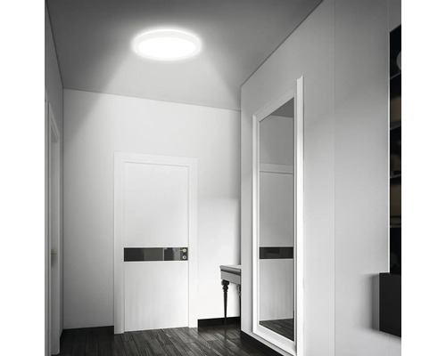 Flur mit Deckenleuchte, Tür und Spiegel