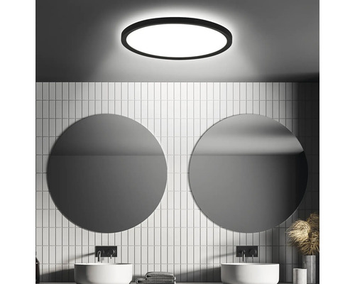 Plafonnier capteur LED IP44 18W 2400 lm 4000 K hxØ 3x29 cm Slim noir + Backlight Effect Salle de bain moderne avec miroirs ronds, lavabos et plafonnier rond pour une ambiance lumineuse et élégante.