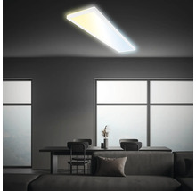 Moderne Wohnraum-Szene mit minimalistischem Design, Esstisch und flacher Deckenleuchte