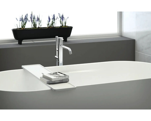 Baignoire îlot avec robinetterie, tablette de baignoire et décoration