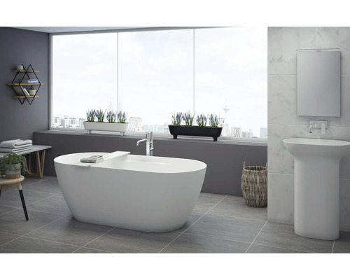 Salle de bain moderne avec baignoire îlot, lavabo et éléments décoratifs pour une ambiance lumineuse et conviviale.