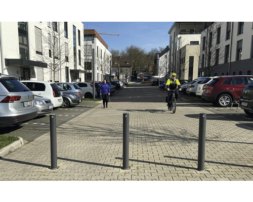 Szene einer Straße mit Schutzpfosten, geparkten Autos, Fußgänger und Radfahrer