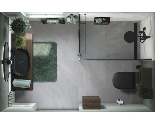 Vue de dessus d''une salle de bains avec lavabo, miroir, douche et toilettes