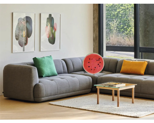 Wohnzimmer mit grauer Eckcouch, Kissen, Couchtisch und Wandbildern