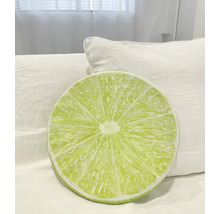 Rundes Kissen mit Limettenmuster auf einem Bett