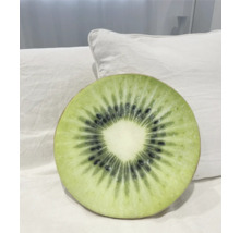 Rundes Kissen mit Kiwi-Design auf einem weißen Kissen