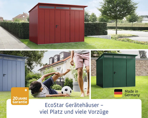 Verschiedene EcoStar Gerätehäuser im Garten mit 20 Jahre Garantie und Made in Germany Siegel