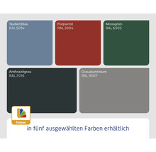 Farbauswahl mit Taubenblau RAL 5014, Purpurrot RAL 3004, Moosgrün RAL 6005, Anthrazitgrau RAL 7016 und Graualuminium RAL 9007