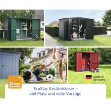 Produktübersicht EcoStar Gerätehäuser mit 20 Jahre Garantie und Made in Germany Siegel.