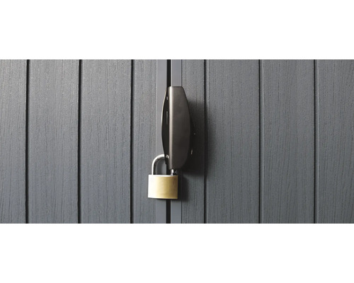Graue Holztür mit Schlossriegel und Vorhängeschloss