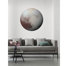 Wohnzimmer mit grauer Couch und Wandtattoo von Pluto