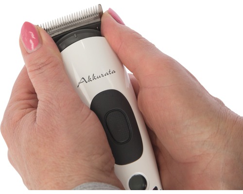 Une main tient une tondeuse sans fil.