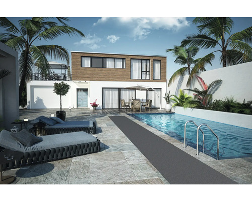 Vue extérieure d''une maison à deux étages avec piscine, terrasse et mobilier de jardin.