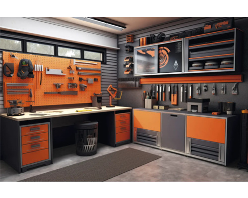 Atelier avec établi, panneau d''outils et armoires à outils pour le rangement des outils