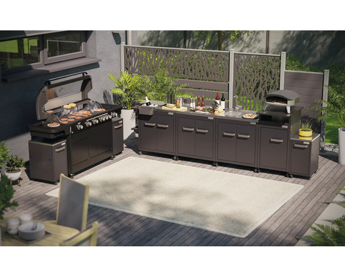 Cuisine extérieure avec barbecue, évier, four à pizza et plans de travail sur une terrasse