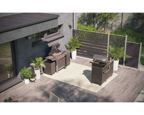 Terrasse avec barbecue, cuisine extérieure, clôture d''intimité et plantes