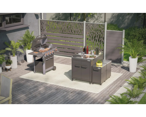 Scène de jardin avec barbecue, cuisine d''extérieur et éléments de protection visuelle sur une terrasse.