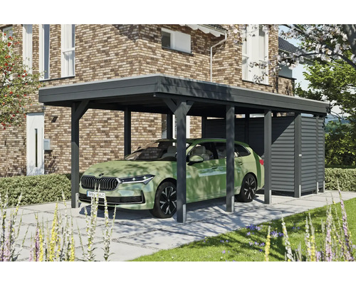 Einzelcarport SKAN HOLZ Friesland-Hybrid inkl. Abstellraum Aluminium, Pfostenanker 314 x 708 cm anthrazit