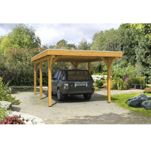Einzelcarport aus Holz mit Auto im Garten