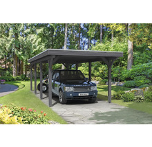 Carport en bois avec voiture et quad dans le jardin