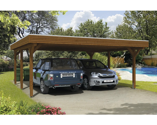 Doppelcarport SKAN HOLZ Spessart inkl. Pfostenanker 611 x 604 cm nussbaum Holz Carport mit zwei geparkten Autos im Garten