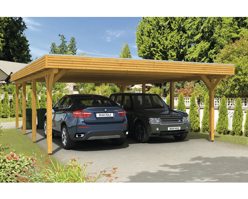 Doppelcarport SKAN HOLZ Spessart inkl. Pfostenanker 611 x 846 cm eiche hell Doppelcarport aus Holz mit zwei parkierten Autos